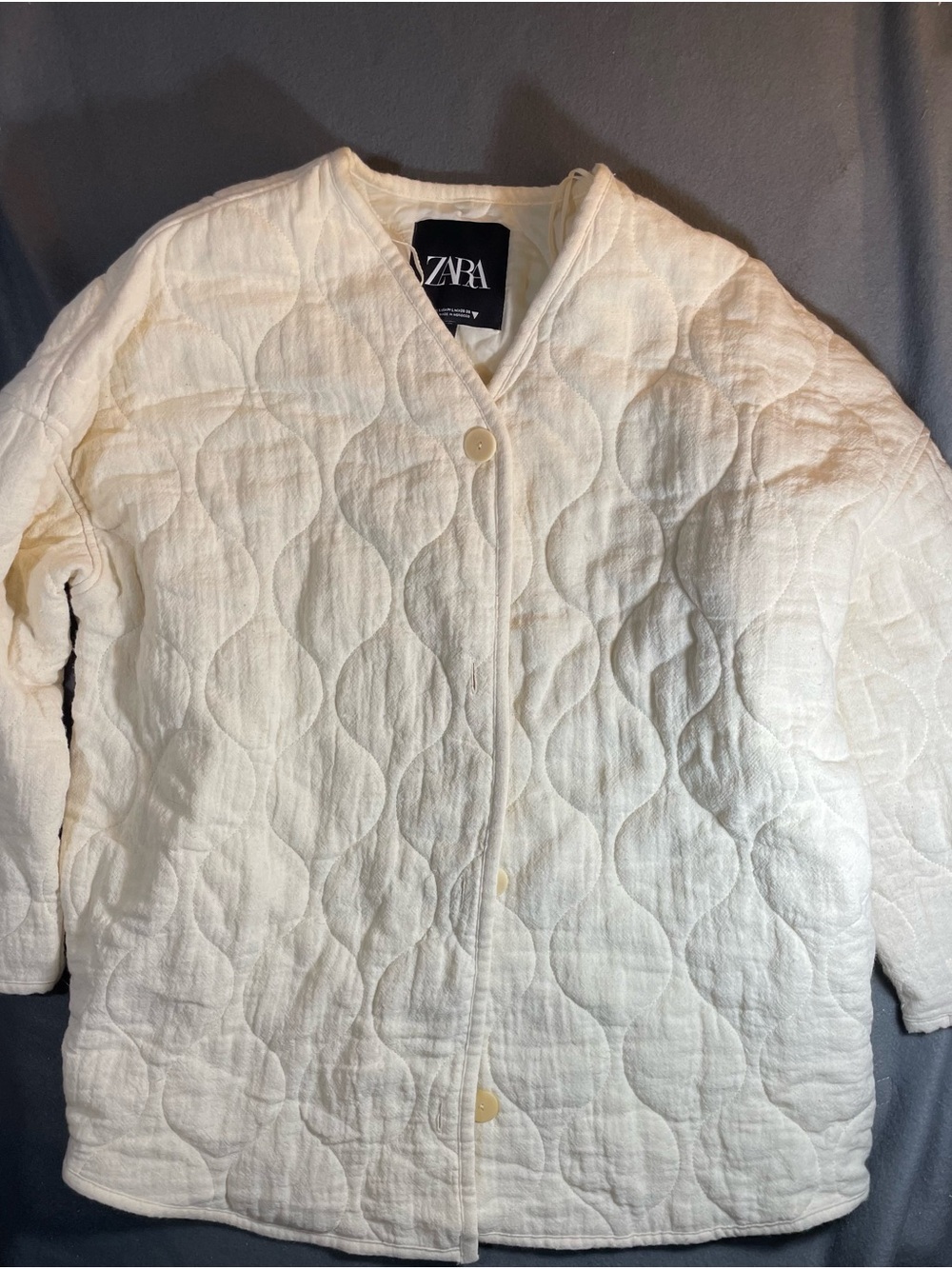 ZARA Cream Linen Blend Onion Quilted Button Jacket M L